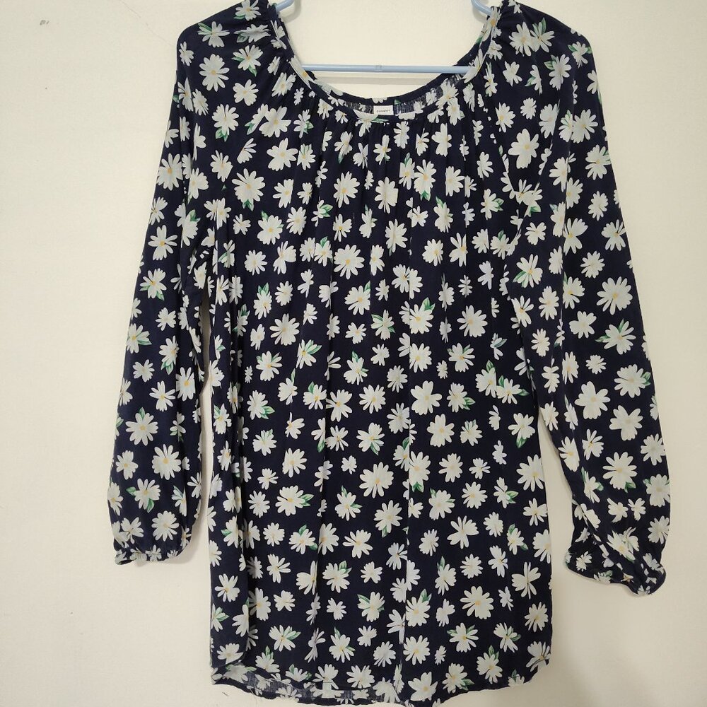 Old Navy Blue Floral Daisy Print Flowy Boho Blouse Top Size Medium Tall